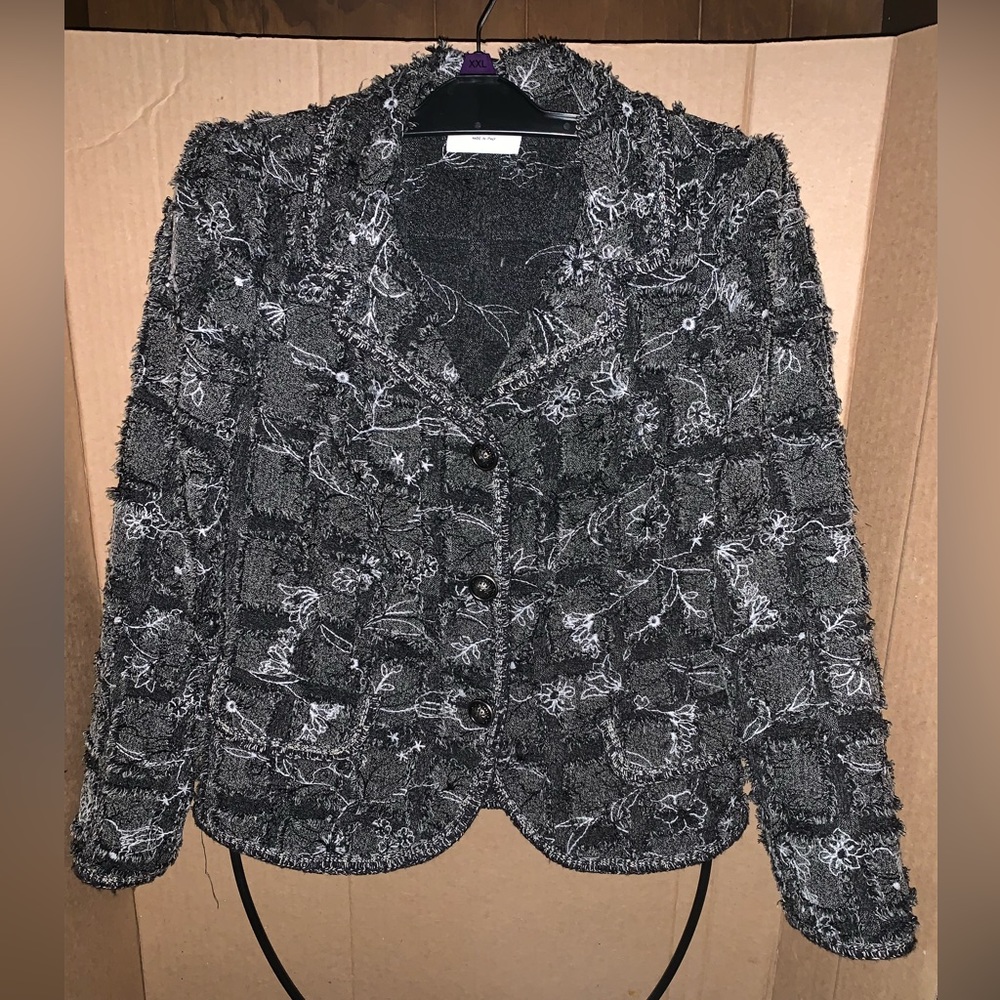 Stizzoli Black Gray Textured Patchwork Fray Button Up Jacket Medium Italy 42